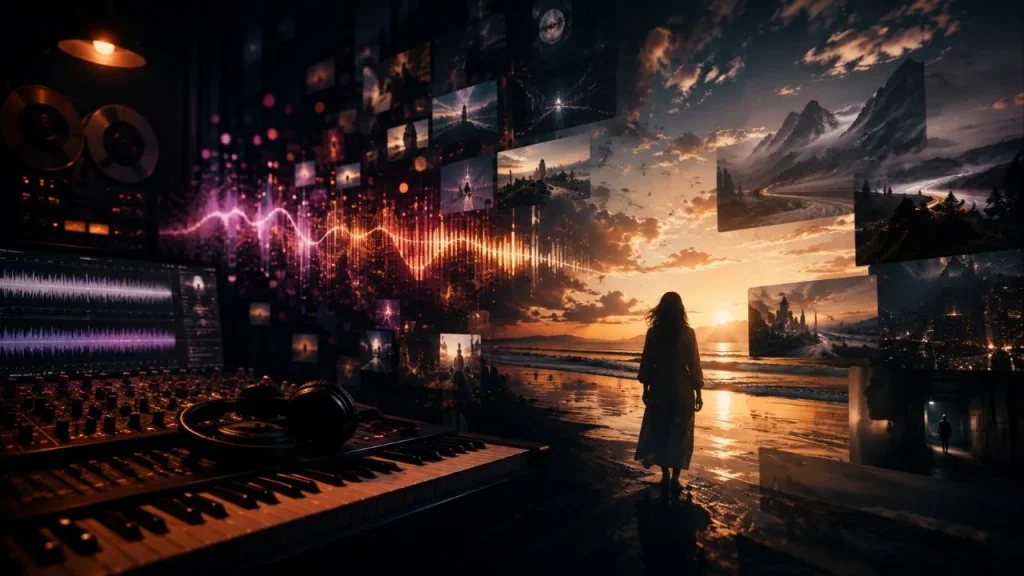 Music production studio opening onto cinematic scenes at sunset