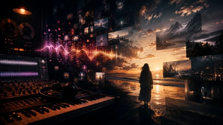 Music production studio opening onto cinematic scenes at sunset